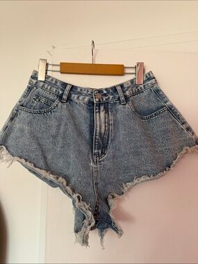 High-Rise Distressed Denim Shorts - Light Blue